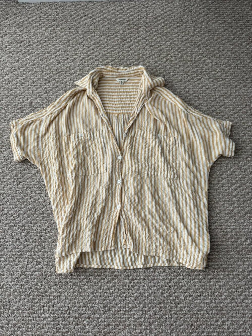 Max Studio Mustard Striped Seersucker Button Up Shirt with Dolman Sleeves
